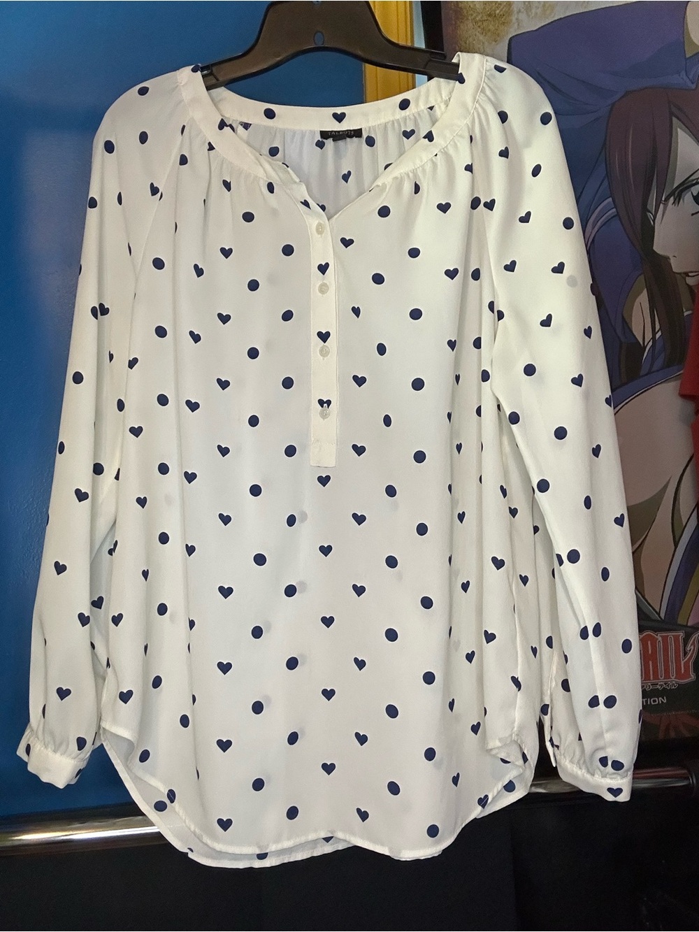Talbots White Long-Sleeve Henley Blouse with Navy Heart & Dot Print Size Medium